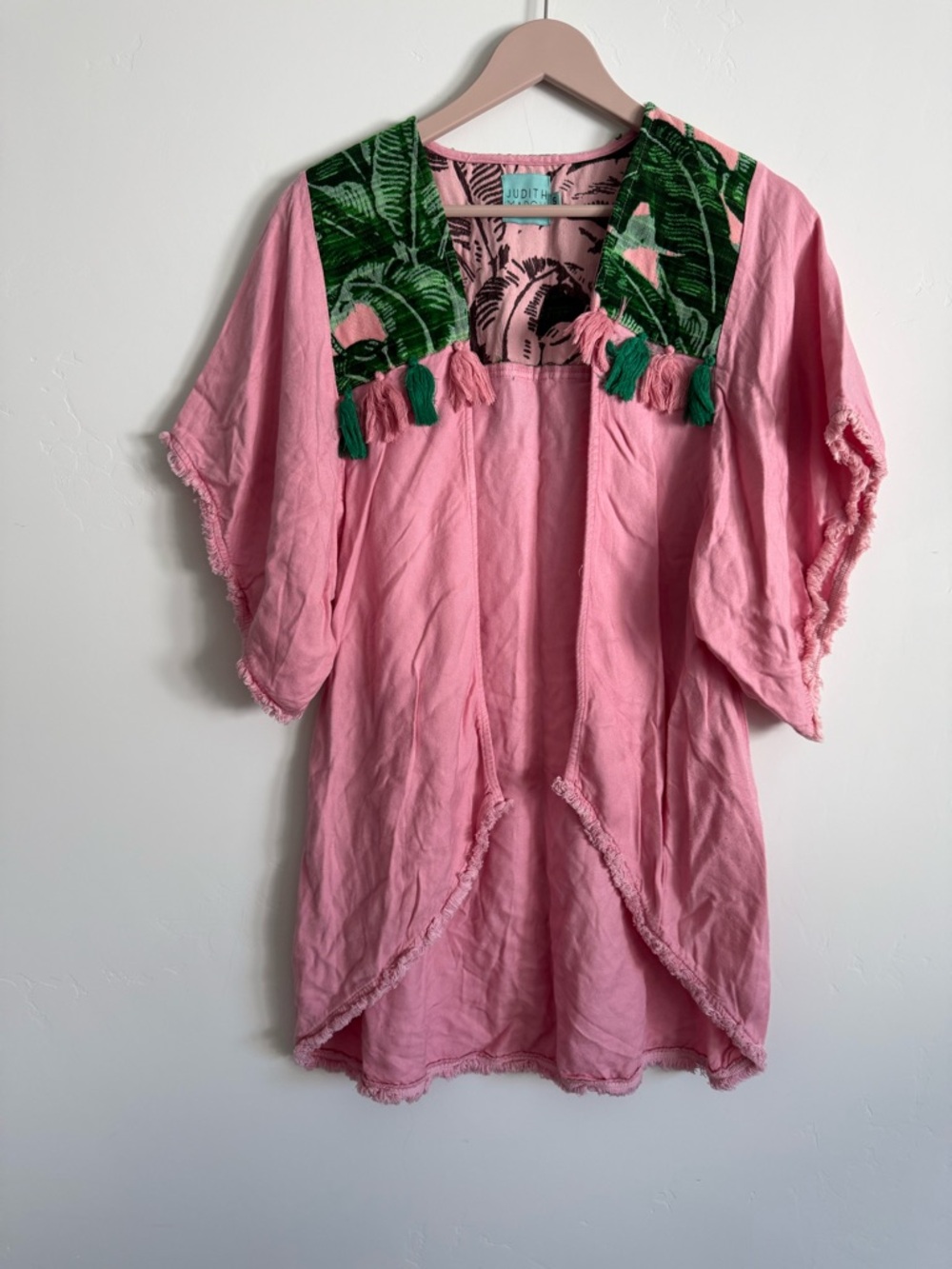 Pink Open-Front Kimono with Green Leaf Trim